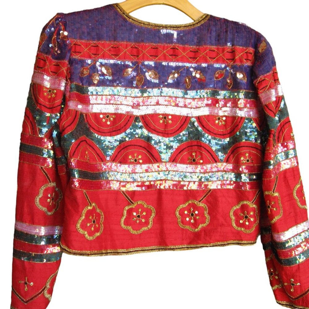 Laurence Kazar Vintage Red Colorful Beaded Sequined Cropped Jacket Women Size XL